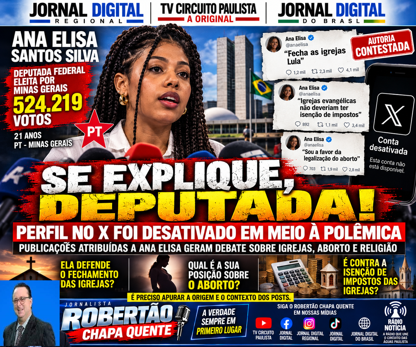 PERFIL DE ANA ELISA SAI DO AR APÓS POLÊMICA: QUEM DESATIVOU A CONTA E QUEM VAI EXPLICAR AS PUBLICAÇÕES SOBRE IGREJAS?