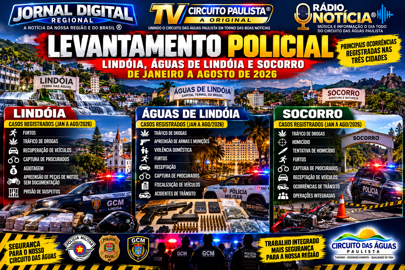 LEVANTAMENTO POLICIAL: LINDÓIA, ÁGUAS DE LINDÓIA E SOCORRO TIVERAM OCORRÊNCIAS DE FURTOS, TRÁFICO, ARMAS, HOMICÍDIO E VIOLÊNCIA ENTRE JANEIRO E AGOSTO DE 2026