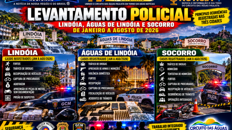 LEVANTAMENTO POLICIAL: LINDÓIA, ÁGUAS DE LINDÓIA E SOCORRO TIVERAM OCORRÊNCIAS DE FURTOS, TRÁFICO, ARMAS, HOMICÍDIO E VIOLÊNCIA ENTRE JANEIRO E AGOSTO DE 2026