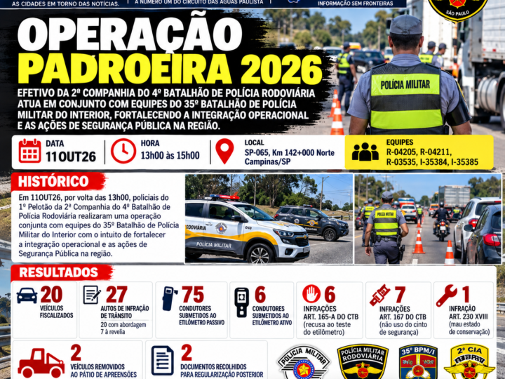 OPERAÇÃO PADROEIRA 2026: POLÍCIA RODOVIÁRIA E POLÍCIA MILITAR REALIZAM FISCALIZAÇÃO CONJUNTA EM CAMPINAS