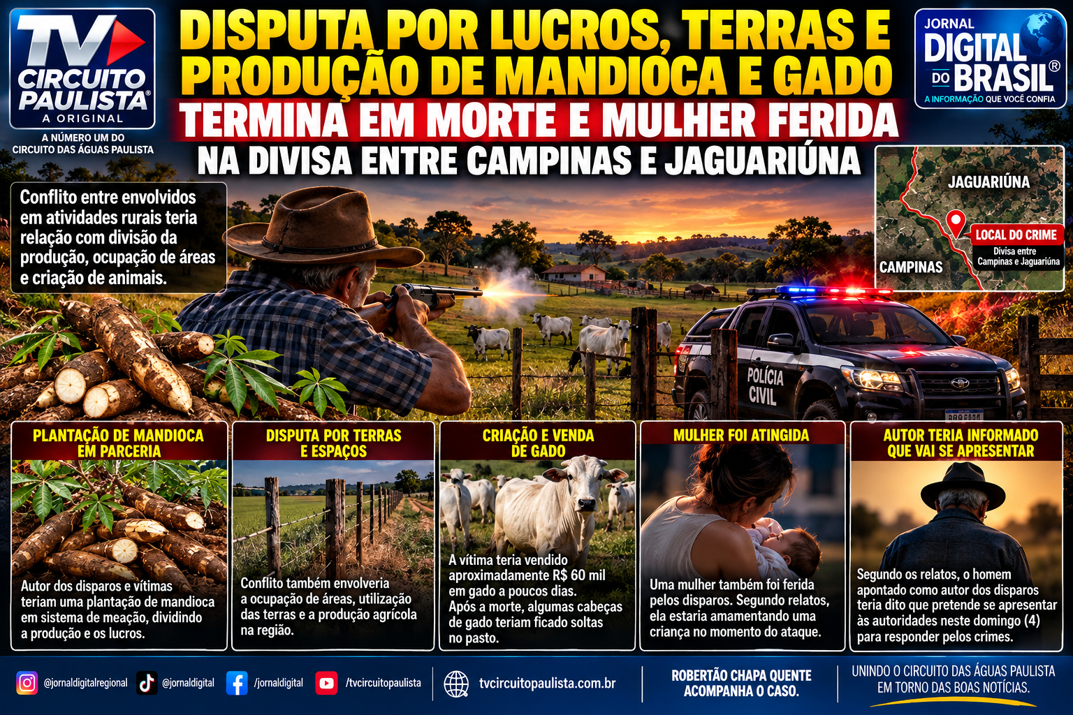 DISPUTA POR LUCROS, TERRAS E PRODUÇÃO DE MANDIOCA E GADO TERMINA EM MORTE E MULHER FERIDA NA DIVISA ENTRE CAMPINAS E JAGUARIÚNA
