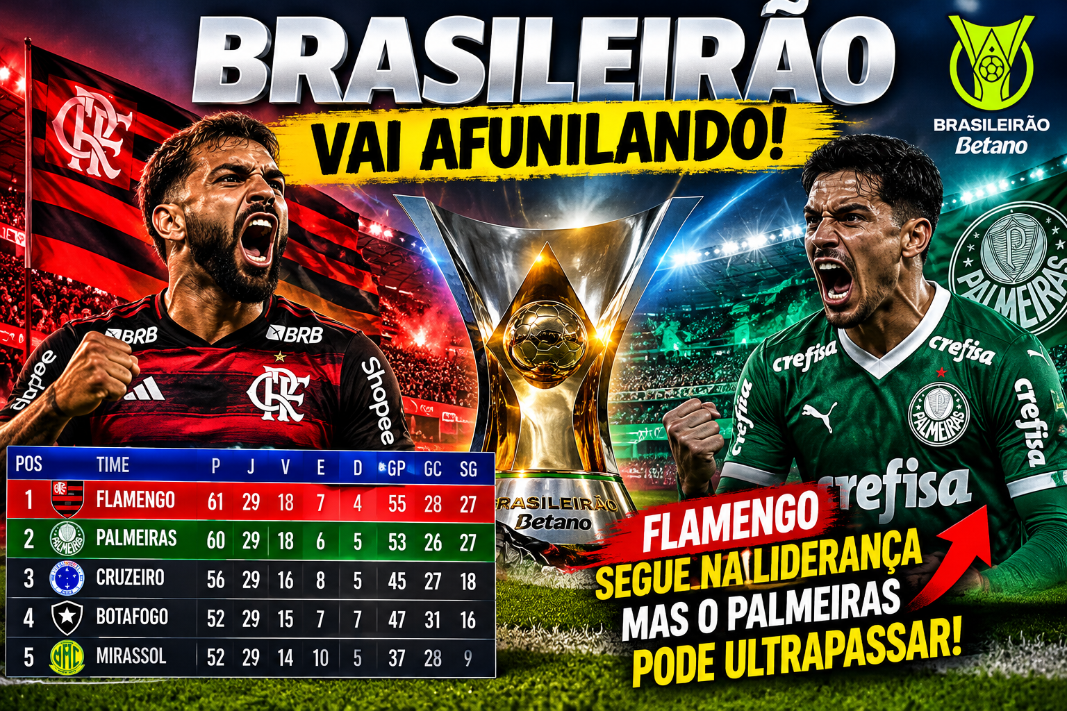 BRASILEIRÃO ESQUENTA: FLAMENGO SEGUE NA LIDERANÇA, MAS PALMEIRAS ENCOSTA E A DISPUTA PELO TÍTULO FICA ABERTA