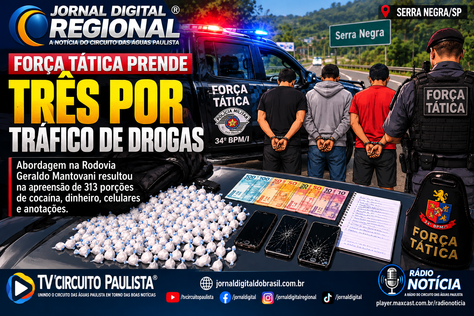 ABORDAGEM NA RODOVIA TERMINA COM TRÊS PRESOS E CENTENAS DE PORÇÕES DE COCAÍNA EM SERRA NEGRA