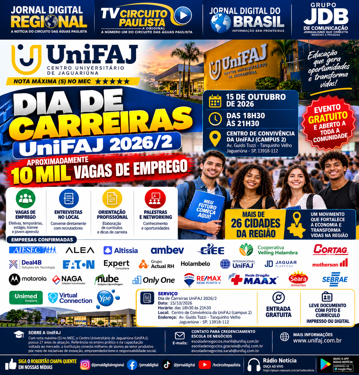 Com aproximadamente 10 mil vagas de emprego, UniFAJ realiza o Dia de Carreiras 2026/2 e mobiliza mais de 26 cidades da região