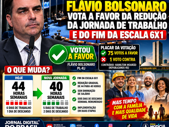 FLÁVIO BOLSONARO VOTA A FAVOR DA REDUÇÃO DA JORNADA DE TRABALHO E DO FIM DA ESCALA 6X1
