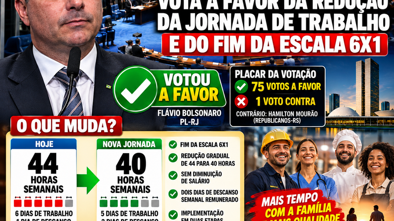FLÁVIO BOLSONARO VOTA A FAVOR DA REDUÇÃO DA JORNADA DE TRABALHO E DO FIM DA ESCALA 6X1