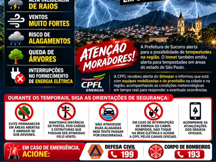 A Prefeitura de Socorro alerta a população para a possibilidade de tempestades na região, com alta incidência de raios e ventos muito fortes.