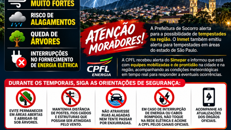 A Prefeitura de Socorro alerta a população para a possibilidade de tempestades na região, com alta incidência de raios e ventos muito fortes.