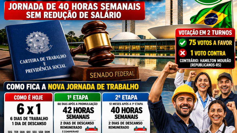 SENADO APROVA FIM DA ESCALA 6X1 E REDUZ JORNADA DE TRABALHO PARA 40 HORAS SEMANAIS