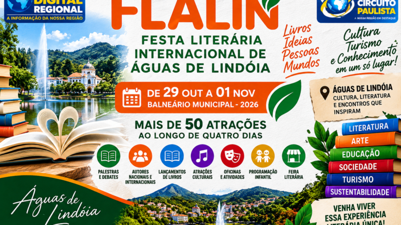 Águas de Lindóia recebe a FLALIN – Festa Literária Internacional em outubroEvento será realizado de 29 de outubro a 1º de novembro, no Balneário Municipal, com mais de 50 atrações previstas ao longo de quatro dias