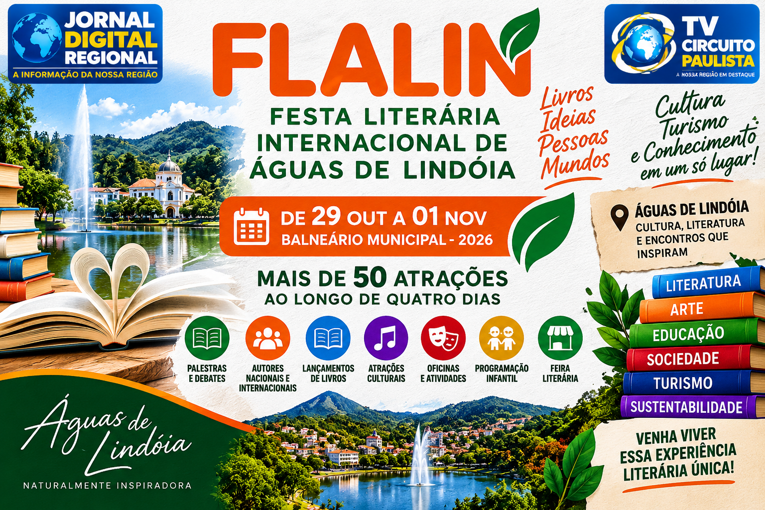 Águas de Lindóia recebe a FLALIN – Festa Literária Internacional em outubroEvento será realizado de 29 de outubro a 1º de novembro, no Balneário Municipal, com mais de 50 atrações previstas ao longo de quatro dias