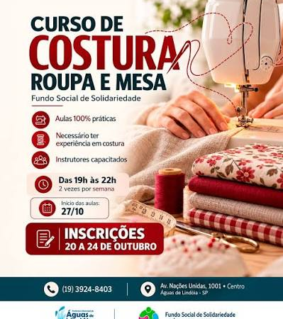 Águas de Lindóia abre inscrições para curso prático de Costura: Roupa e MesaCapacitação oferecida pelo Fundo Social de Solidariedade é voltada a pessoas que já possuem experiência em costura e desejam aperfeiçoar suas habilidades.