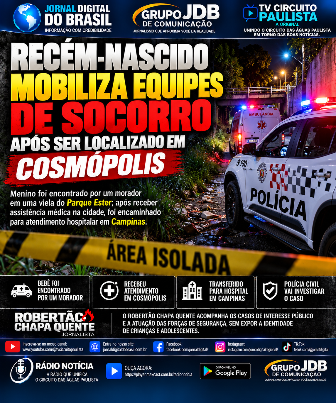 RECÉM-NASCIDO MOBILIZA EQUIPES DE SOCORRO APÓS SER LOCALIZADO EM COSMÓPOLIS