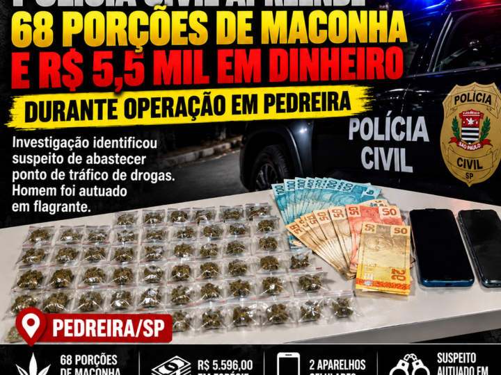 POLÍCIA CIVIL APREENDE 68 PORÇÕES DE MACONHA E R$ 5,5 MIL DURANTE OPERAÇÃO EM PEDREIRA