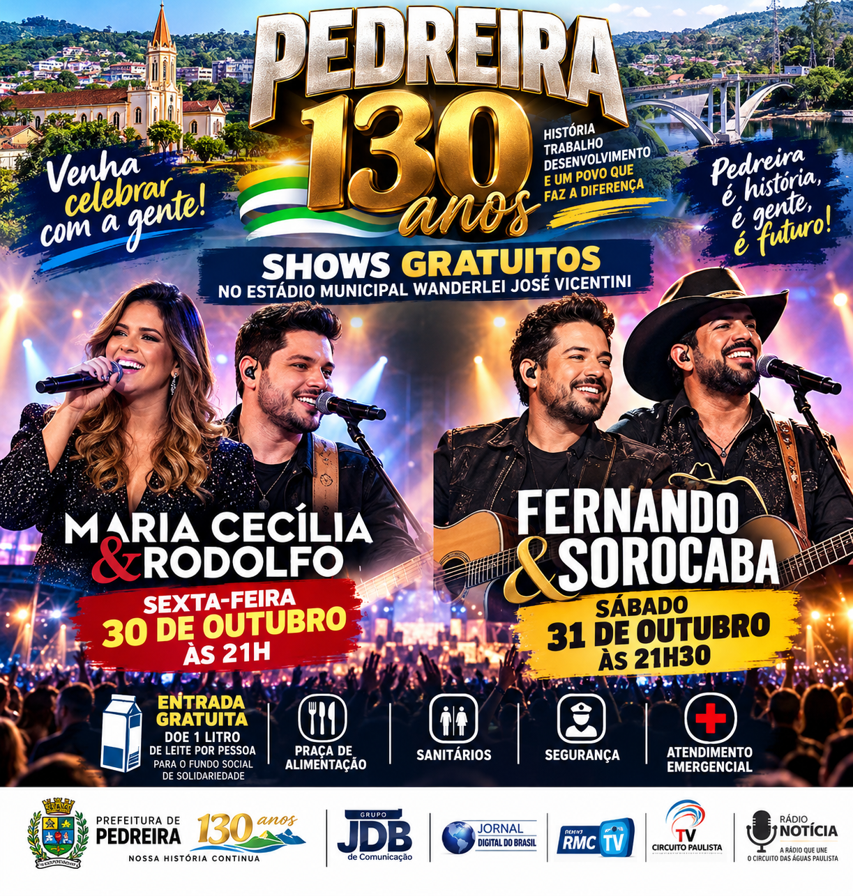 PEDREIRA COMEMORA 130 ANOS COM SHOWS GRATUITOS DE MARIA CECÍLIA & RODOLFO E FERNANDO & SOROCABA