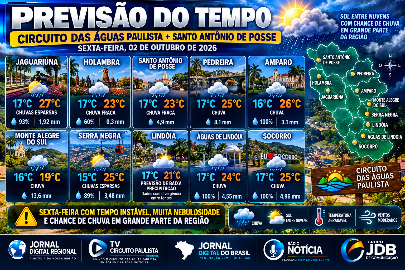 PREVISÃO DO TEMPO PARA O CIRCUITO DAS ÁGUAS PAULISTA E SANTO ANTONIO DE POSSE.