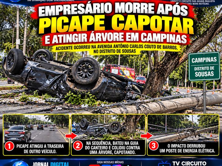 EMPRESÁRIO MORRE APÓS PICAPE CAPOTAR E ATINGIR ÁRVORE EM CAMPINAS