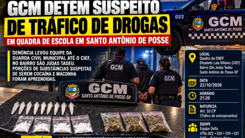 GCM DETÉM SUSPEITO DE TRÁFICO DE DROGAS EM QUADRA DE ESCOLA EM SANTO ANTÔNIO DE POSSE