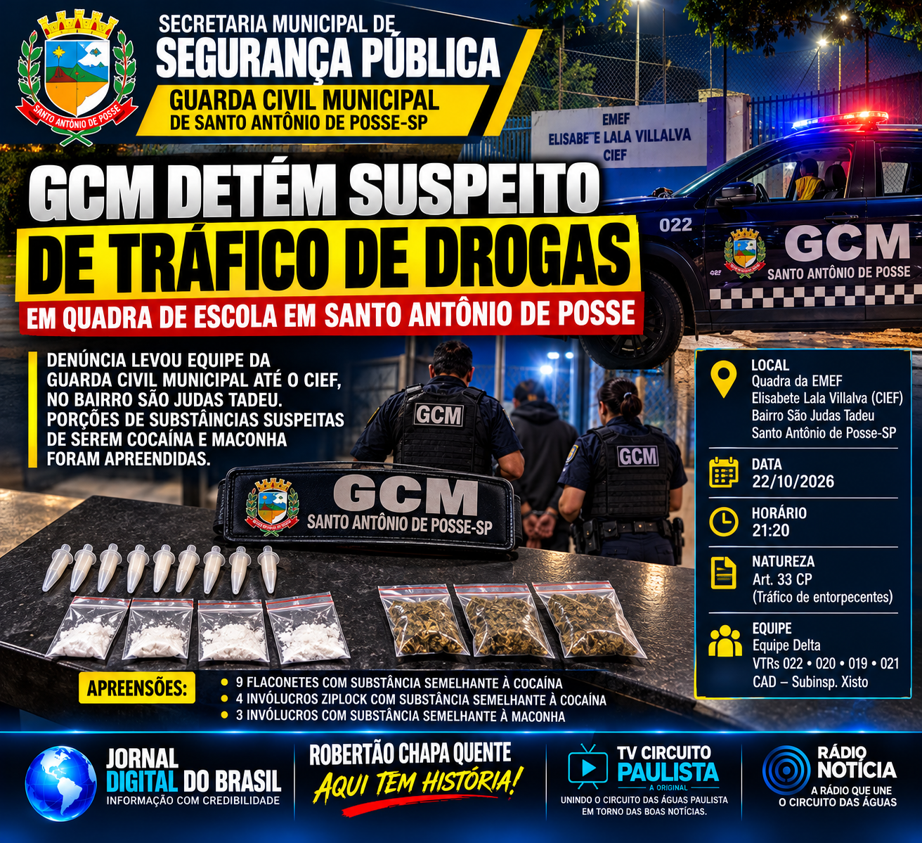 GCM DETÉM SUSPEITO DE TRÁFICO DE DROGAS EM QUADRA DE ESCOLA EM SANTO ANTÔNIO DE POSSE
