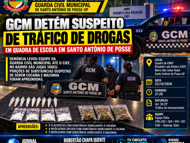 GCM DETÉM SUSPEITO DE TRÁFICO DE DROGAS EM QUADRA DE ESCOLA EM SANTO ANTÔNIO DE POSSE