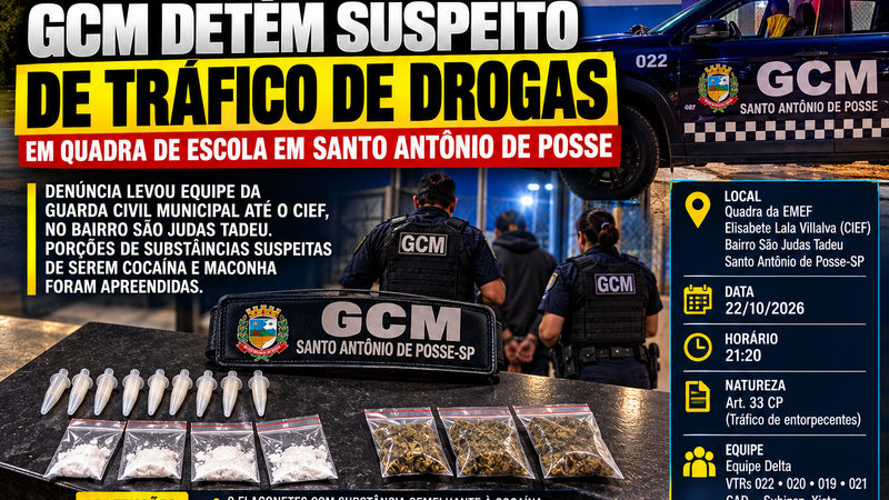 GCM DETÉM SUSPEITO DE TRÁFICO DE DROGAS EM QUADRA DE ESCOLA EM SANTO ANTÔNIO DE POSSE