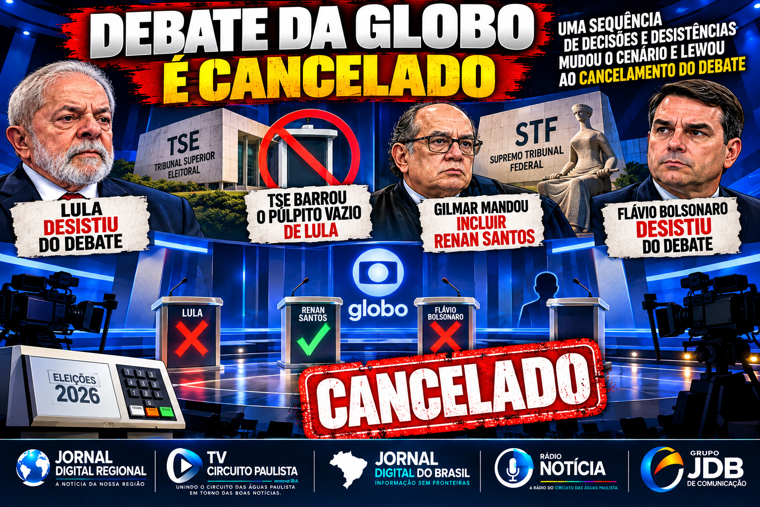 DEBATE DA GLOBO É CANCELADO APÓS DECISÕES DO TSE E STF E DESISTÊNCIA DE FLÁVIO BOLSONARO
