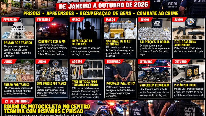 PEDREIRA: RETROSPECTIVA POLICIAL DE JANEIRO A OUTUBRO DE 2026 REÚNE PRISÕES, APREENSÕES E RECUPERAÇÃO DE BENS