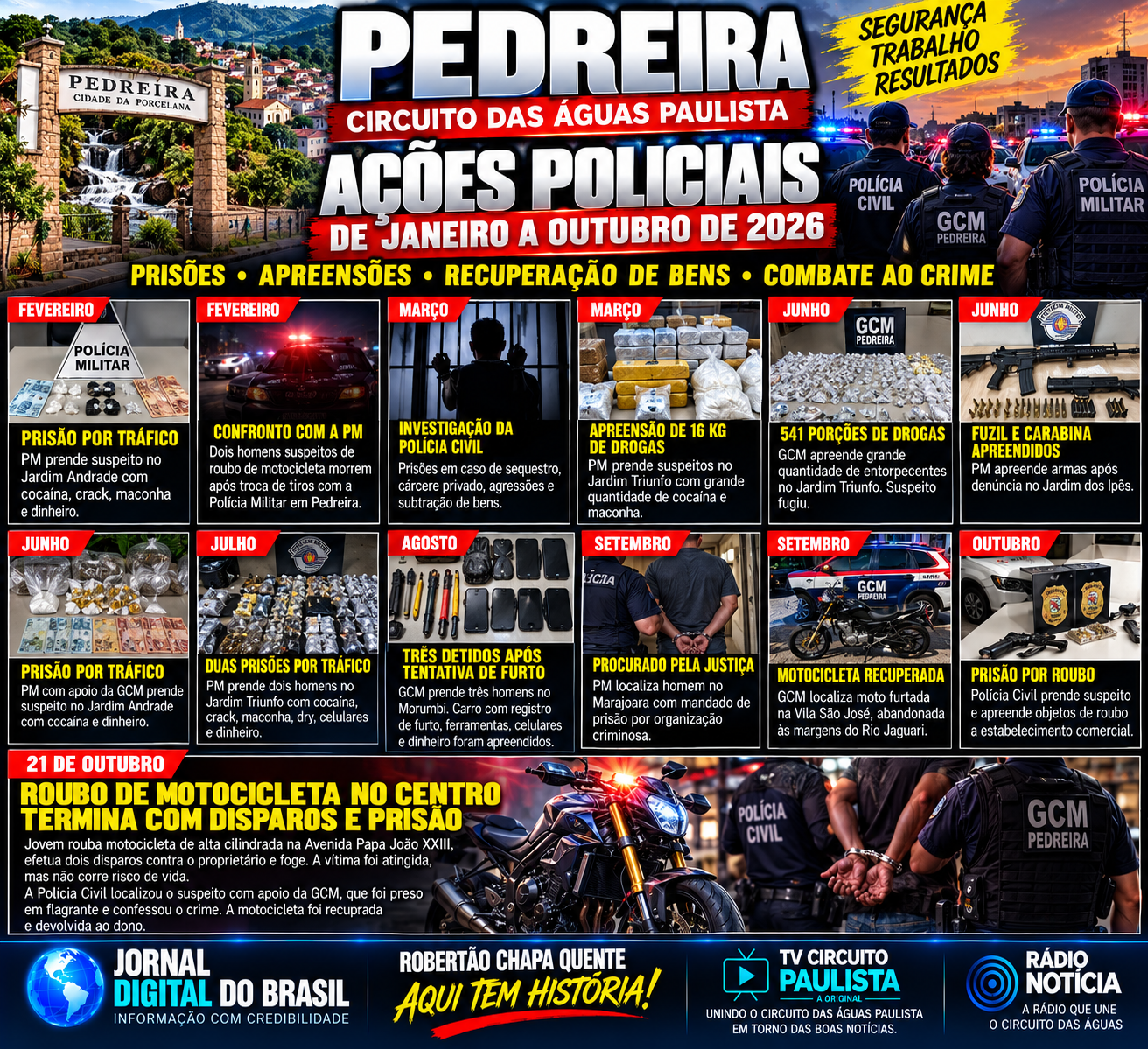 PEDREIRA: RETROSPECTIVA POLICIAL DE JANEIRO A OUTUBRO DE 2026 REÚNE PRISÕES, APREENSÕES E RECUPERAÇÃO DE BENS
