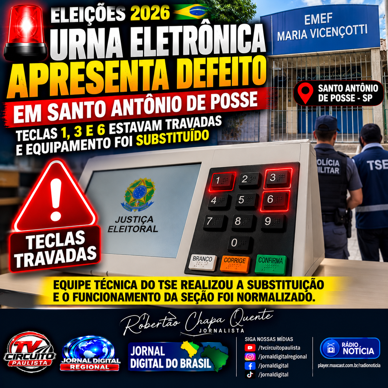 URNA ELETRÔNICA APRESENTA DEFEITO EM SANTO ANTÔNIO DE POSSE E EQUIPAMENTO É SUBSTITUÍDO