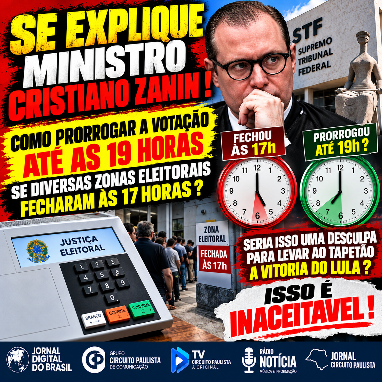 ZANIN, EXPLIQUE-SE! COMO FICA A REGRA ELEITORAL DIANTE DA POLÊMICA SOBRE O HORÁRIO DE VOTAÇÃO? SERIA DOIS PESOS E DUAS MEDIDAS ???????