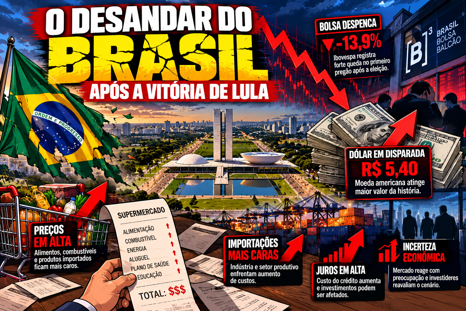 ALERTA NO MERCADO: DÓLAR DISPARA, BOLSA DESABA E BRASIL ENFRENTA DIA DE FORTE TURBULÊNCIA APÓS ELEIÇÃO DE LULA