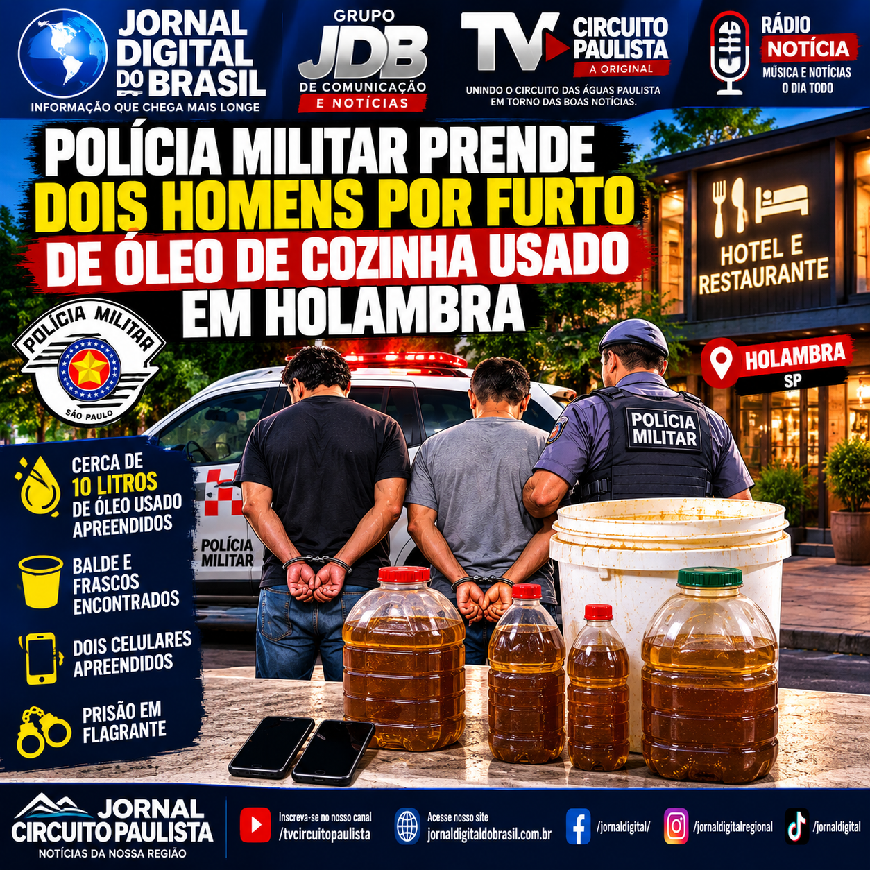 POLÍCIA MILITAR PRENDE DOIS HOMENS POR FURTO DE ÓLEO DE COZINHA USADO EM HOLAMBRA