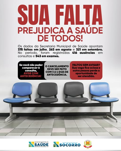 Você já precisou faltar a uma consulta ou exame agendado? Se não puder comparecer, avise a unidade de saúde com antecedência! Essa atitude simples pode permitir que outra pessoa, que também aguarda atendimento, tenha a oportunidade de ocupar essa vaga.