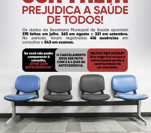 Você já precisou faltar a uma consulta ou exame agendado? Se não puder comparecer, avise a unidade de saúde com antecedência! Essa atitude simples pode permitir que outra pessoa, que também aguarda atendimento, tenha a oportunidade de ocupar essa vaga.