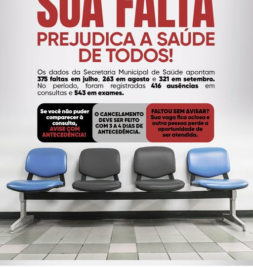 Você já precisou faltar a uma consulta ou exame agendado? Se não puder comparecer, avise a unidade de saúde com antecedência! Essa atitude simples pode permitir que outra pessoa, que também aguarda atendimento, tenha a oportunidade de ocupar essa vaga.