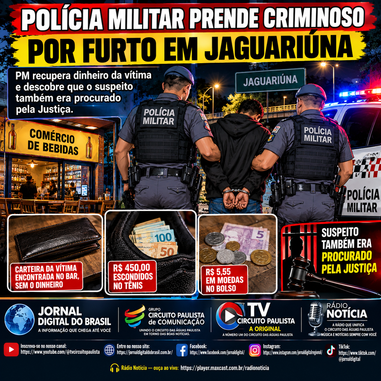 POLÍCIA MILITAR PRENDE SUSPEITO DE FURTO E RECUPERA DINHEIRO EM JAGUARIÚNA