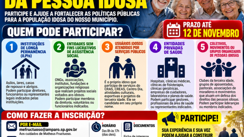 AMPARO ABRE INSCRIÇÕES PARA REPRESENTANTES DO CONSELHO MUNICIPAL DA PESSOA IDOSA