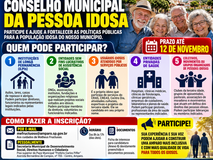 AMPARO ABRE INSCRIÇÕES PARA REPRESENTANTES DO CONSELHO MUNICIPAL DA PESSOA IDOSA
