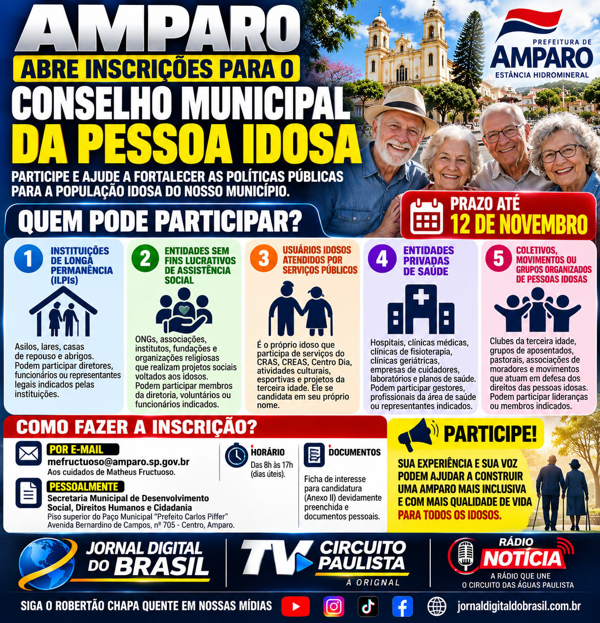 AMPARO ABRE INSCRIÇÕES PARA REPRESENTANTES DO CONSELHO MUNICIPAL DA PESSOA IDOSA