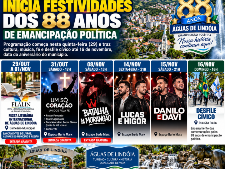 ÁGUAS DE LINDÓIA ABRE FESTIVIDADES DOS 88 ANOS COM FESTA LITERÁRIA, MÚSICA E EVENTOS GRATUITOS