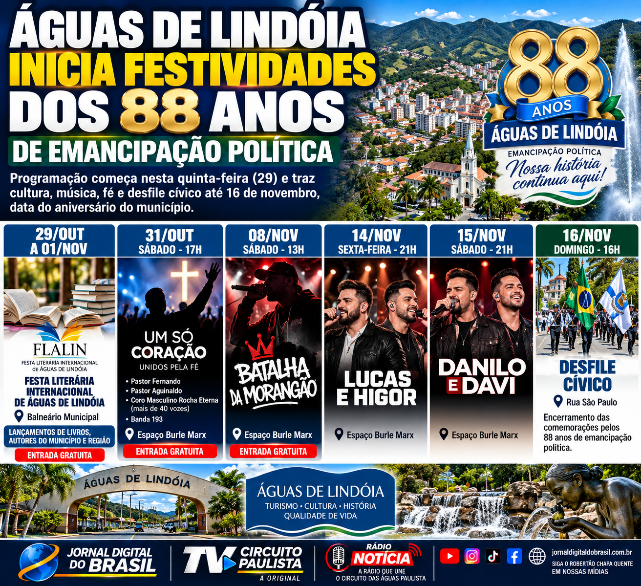 ÁGUAS DE LINDÓIA ABRE FESTIVIDADES DOS 88 ANOS COM FESTA LITERÁRIA, MÚSICA E EVENTOS GRATUITOS