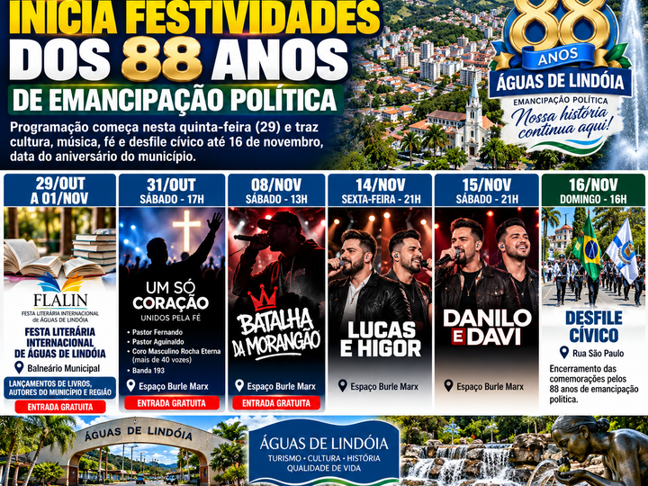 ÁGUAS DE LINDÓIA ABRE FESTIVIDADES DOS 88 ANOS COM FESTA LITERÁRIA, MÚSICA E EVENTOS GRATUITOS
