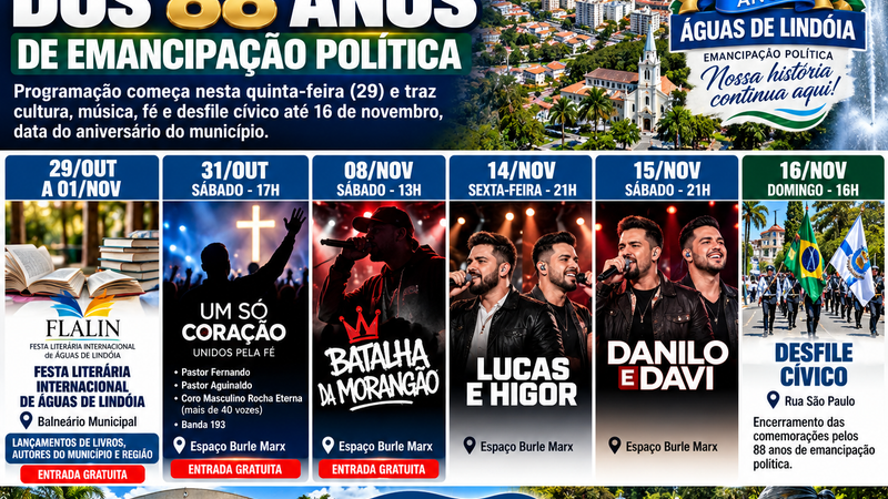 ÁGUAS DE LINDÓIA ABRE FESTIVIDADES DOS 88 ANOS COM FESTA LITERÁRIA, MÚSICA E EVENTOS GRATUITOS