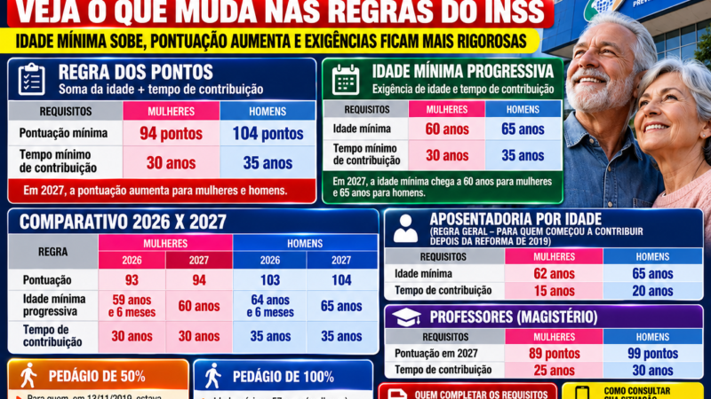 APOSENTADORIA EM 2027: IDADE MÍNIMA SOBE, PONTUAÇÃO AUMENTA E TRABALHADORES PRECISAM FICAR ATENTOS