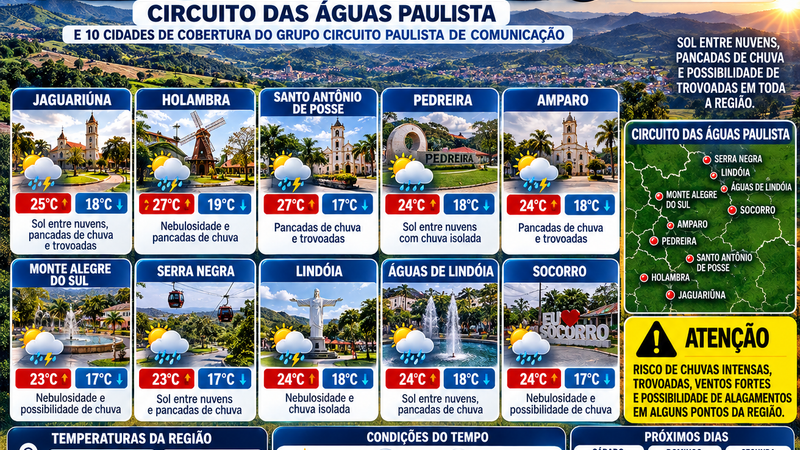 INSTABILIDADE ATMOSFÉRICA MANTÉM REGIÃO DO CIRCUITO DAS ÁGUAS PAULISTA EM ALERTA PARA CHUVAS E TROVOADAS NESTA SEXTA-FEIRA
