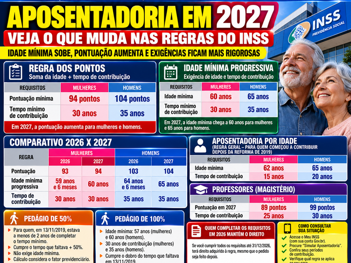 APOSENTADORIA EM 2027: IDADE MÍNIMA SOBE, PONTUAÇÃO AUMENTA E TRABALHADORES PRECISAM FICAR ATENTOS
