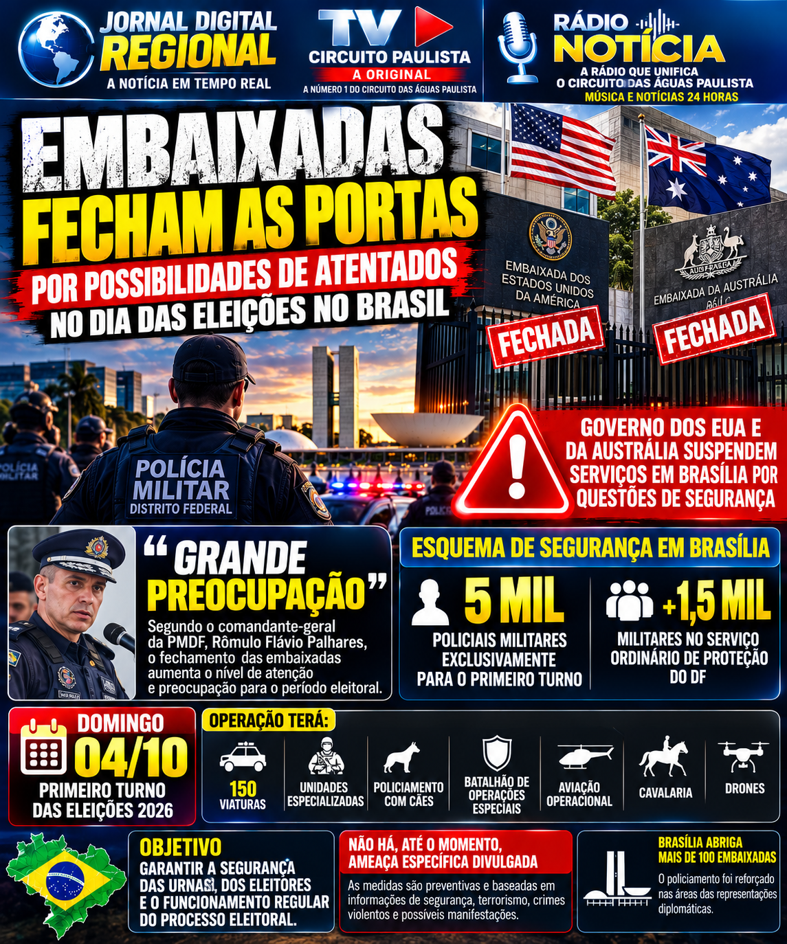 PMDF REFORÇA SEGURANÇA EM BRASÍLIA APÓS FECHAMENTO DE EMBAIXADAS ÀS VÉSPERAS DAS ELEIÇÕES