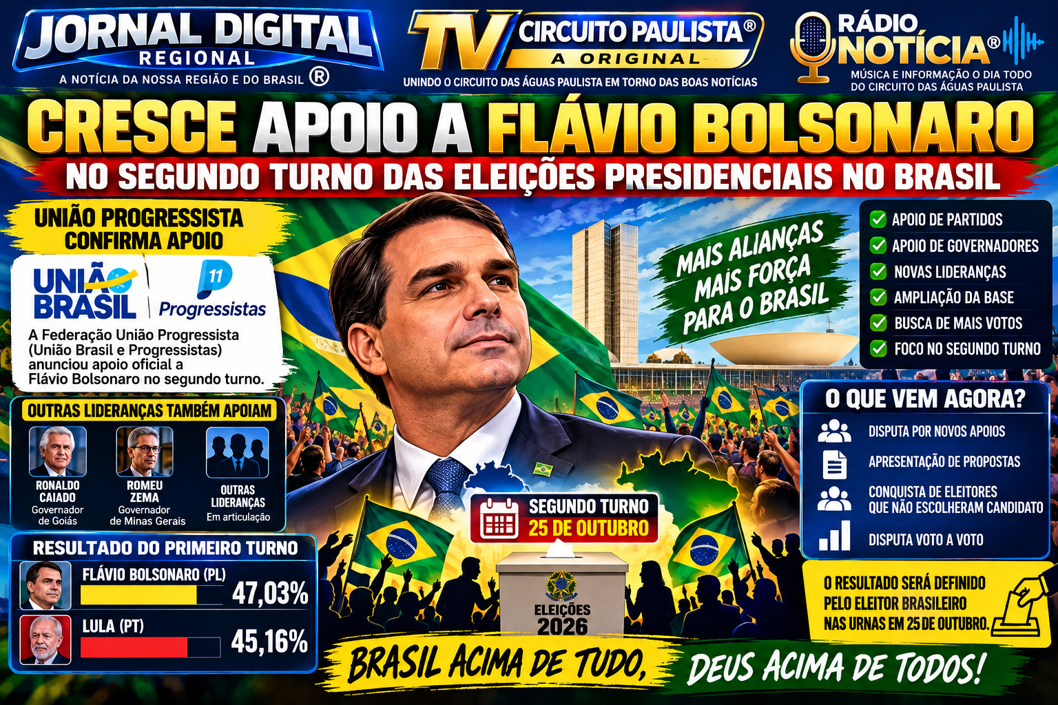 CRESCE O APOIO POLÍTICO A FLÁVIO BOLSONARO NO SEGUNDO TURNO DAS ELEIÇÕES PRESIDENCIAIS