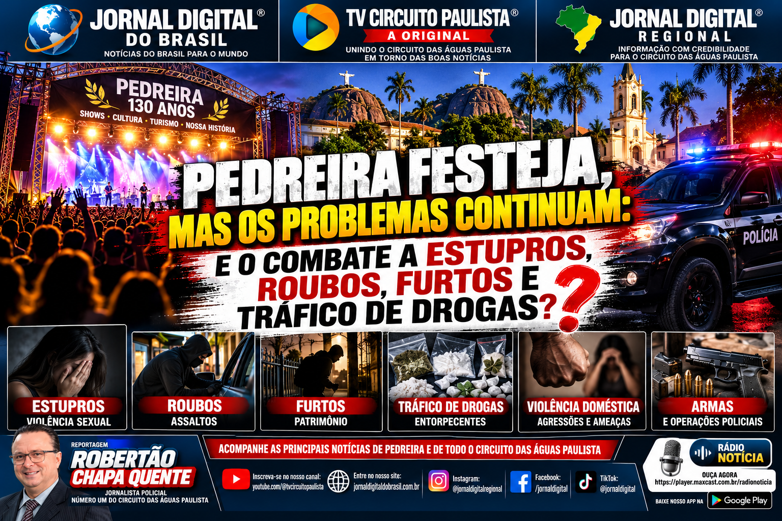PEDREIRA FESTEJA, MAS OS PROBLEMAS CONTINUAM: E O COMBATE A ESTUPROS, ROUBOS, FURTOS E TRÁFICO DE DROGAS?ENQUANTO O MUNICÍPIO SE PREPARA PARA COMEMORAR 130 ANOS COM SHOWS E ESTRUTURA DE EVENTO, DADOS DA SSP-SP E OCORRÊNCIAS POLICIAIS DE 2026 COLOCAM A SEGURANÇA PÚBLICA NO CENTRO DO DEBATE ….